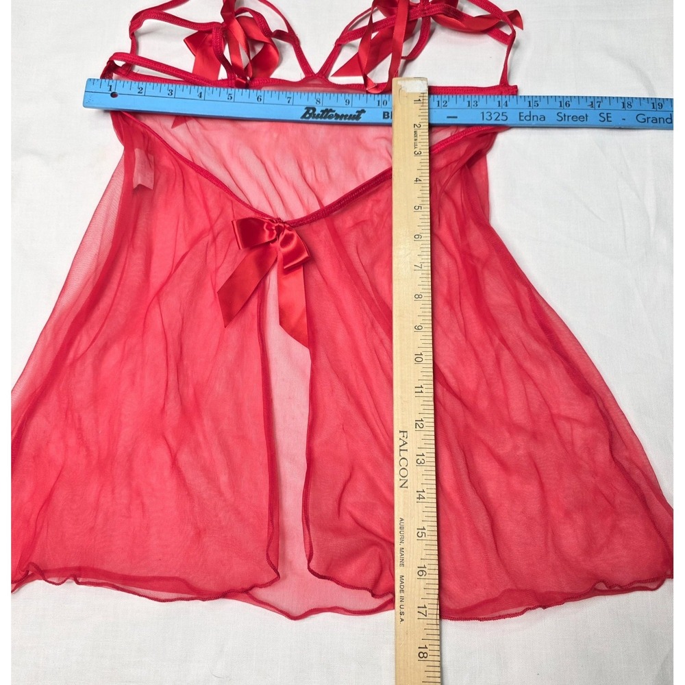 Vtg Dreamgirl Lingerie Babydoll Gown Queen O/S Red Sheer Mesh Bow Strappy Plus - Picture 11 of 11
